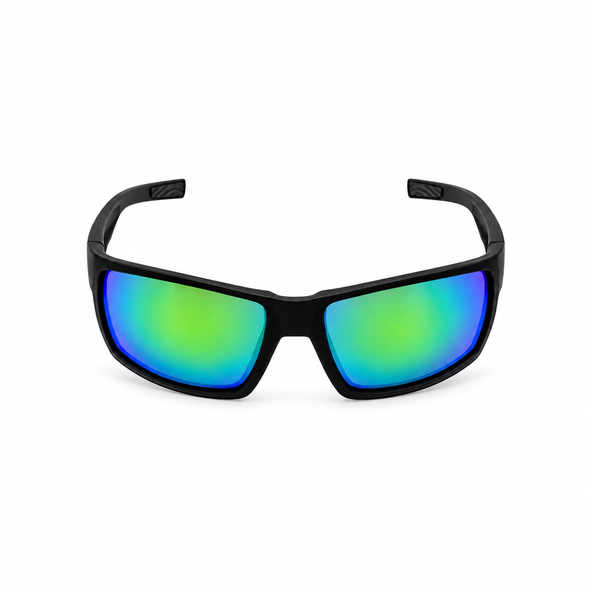 Black wrap-around sunglasses with mirrored blue and green lenses, shown against a plain white background.