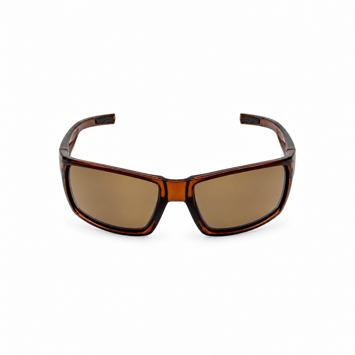 A pair of sporty sunglasses with a translucent amber-brown acetate frame and matching brown-tinted lenses, shown from the front on a solid white background.