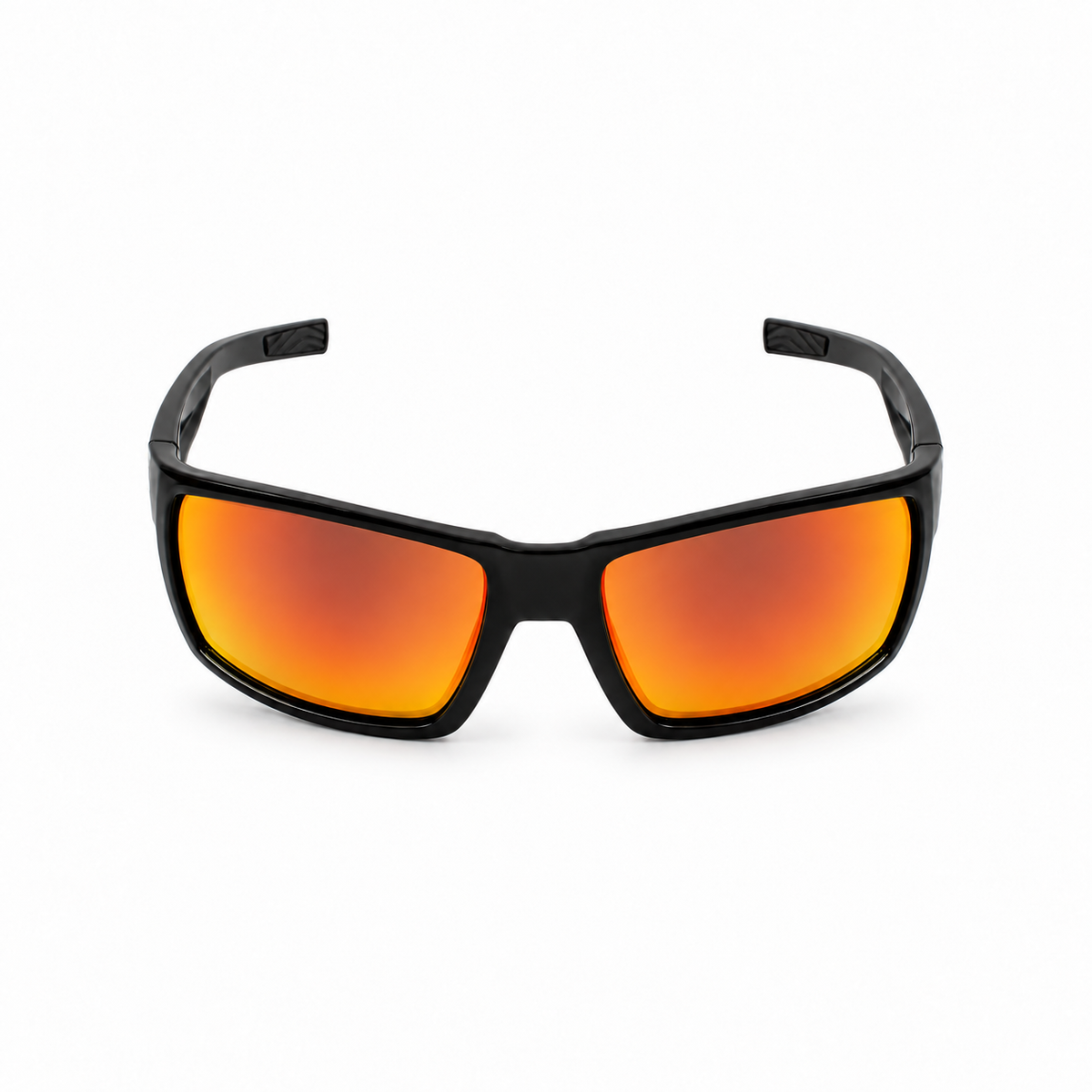 Black wrap-around sunglasses with vibrant orange-to-yellow mirrored lenses, shown against a plain white background.