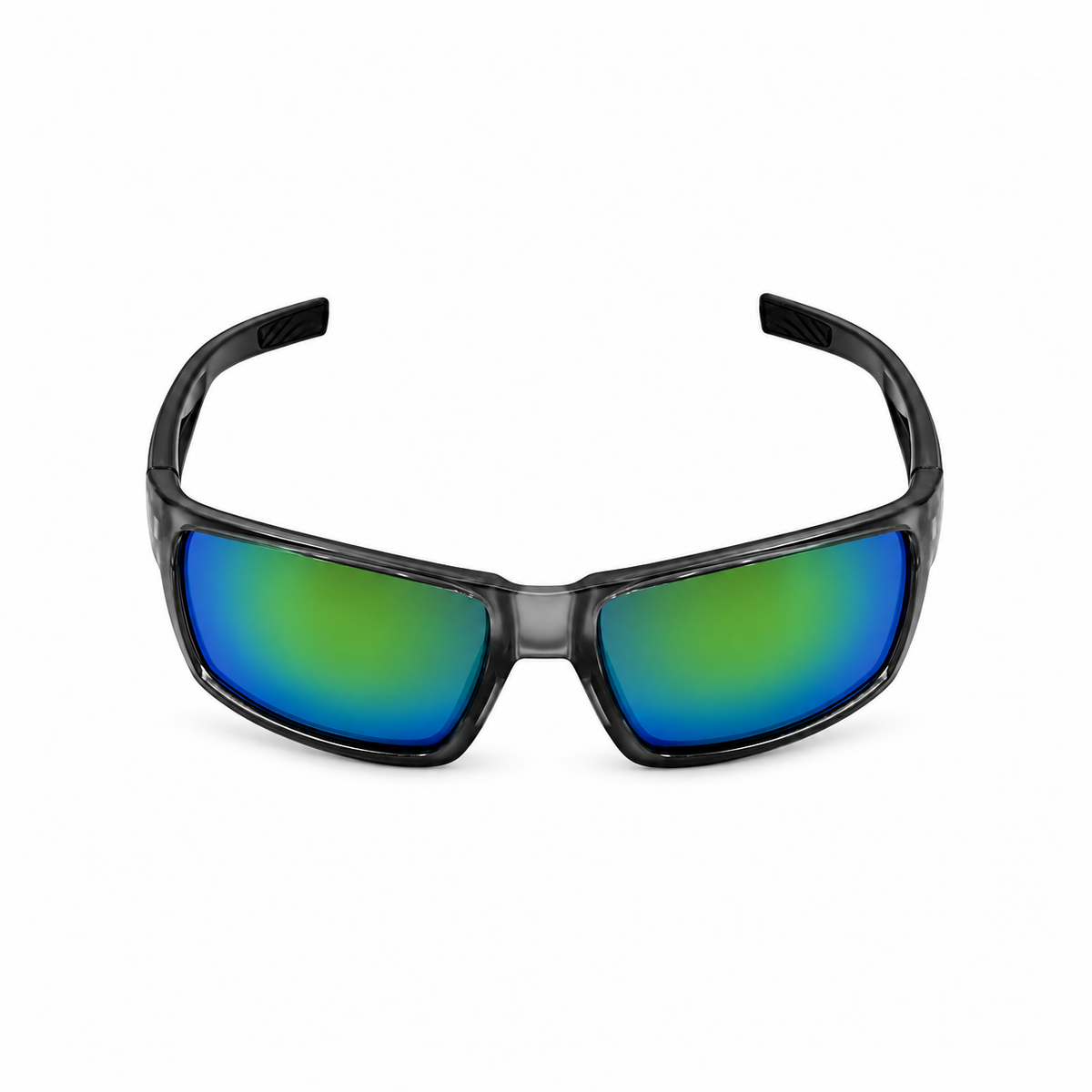 Black wrap-around sunglasses with mirrored blue and green lenses, shown on a plain white background.