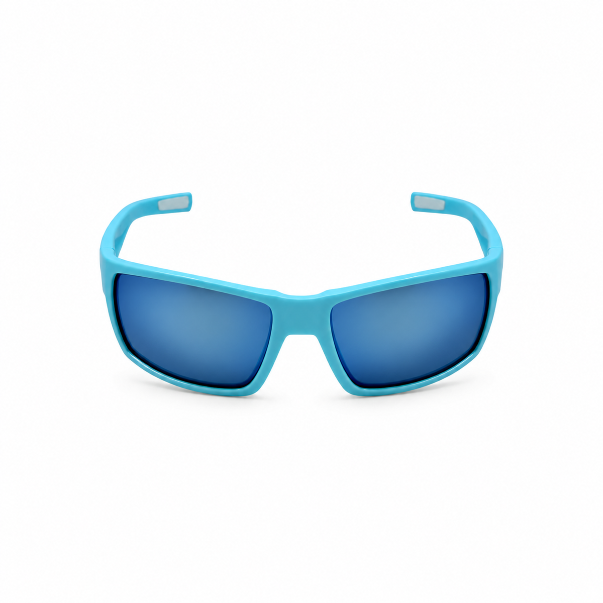 Blue wrap-around sunglasses with a bright turquoise frame and blue mirrored lenses, shown on a clean white background.
