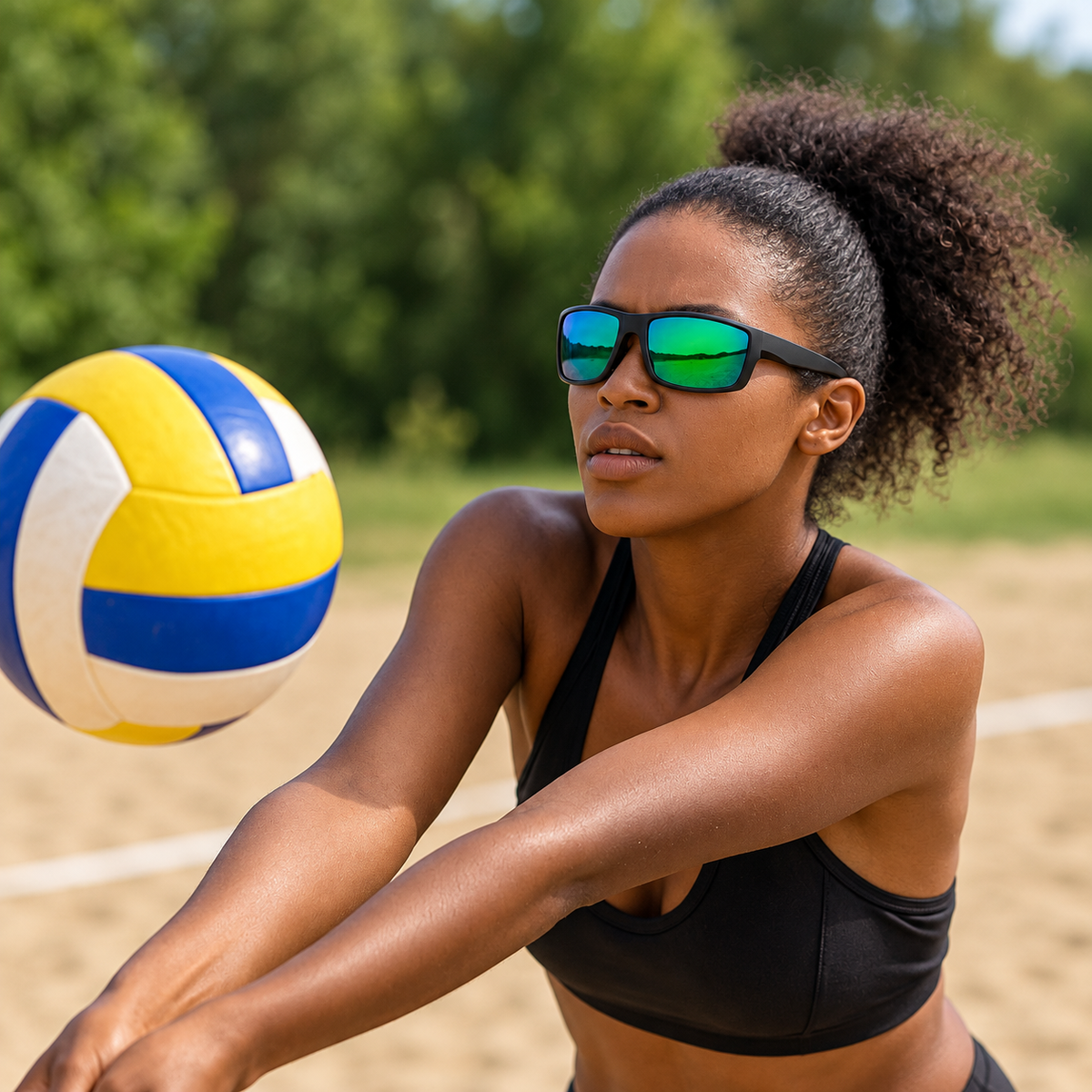A woman on a beach volleyball court wearing black sunglasses with green mirrored lenses and a black sports bra, with a yellow, blue, and white volleyball in the foreground.
