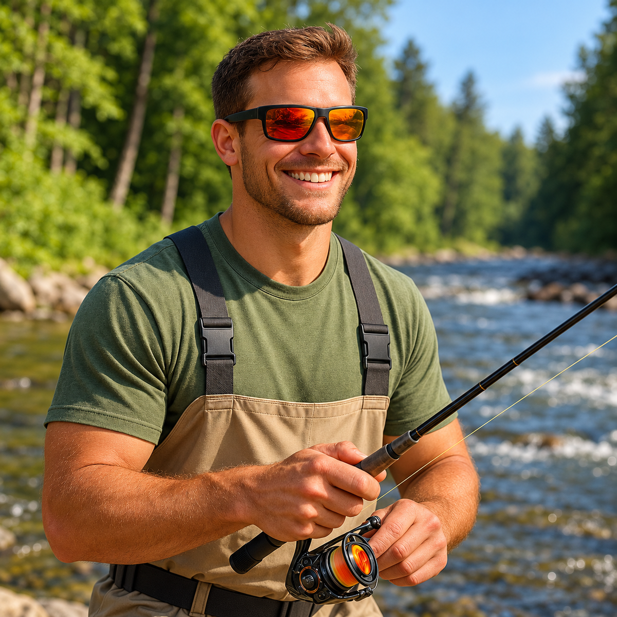A smiling man wearing sunglasses, a green t-shirt, and beige waders stands by a flowing river holding a fishing rod, with a forest background.