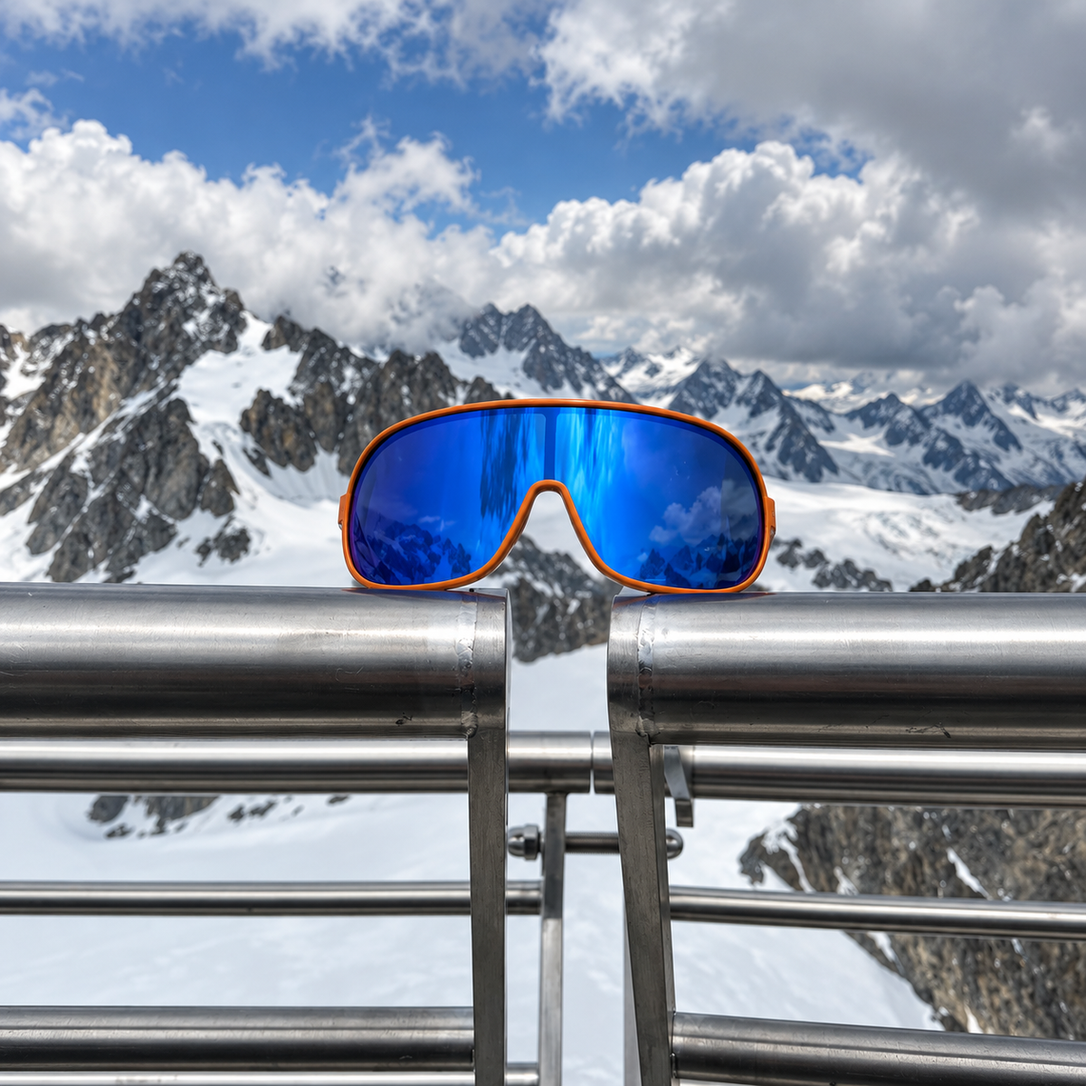 Blue mirrored sport sunglasses with an orange frame resting on a metal railing, with a snowy mountain range and cloudy blue sky in the background.