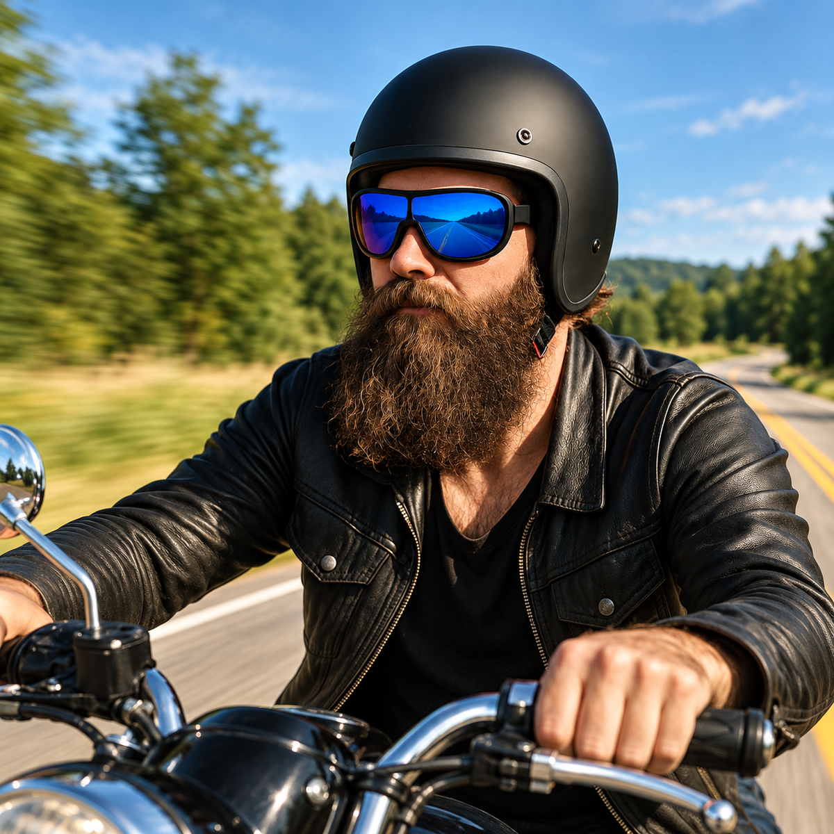 A bearded man wearing a matte black helmet and blue mirrored sunglasses rides a motorcycle on a country road, wearing a black leather jacket.