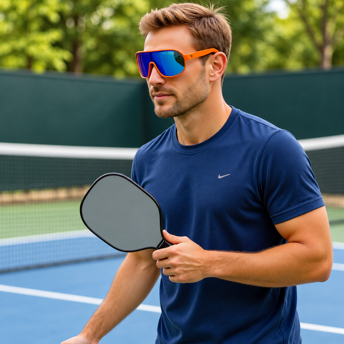A man on a pickleball court wearing a navy blue Nike t-shirt and bright orange-framed mirrored sunglasses, holding a pickleball paddle.
