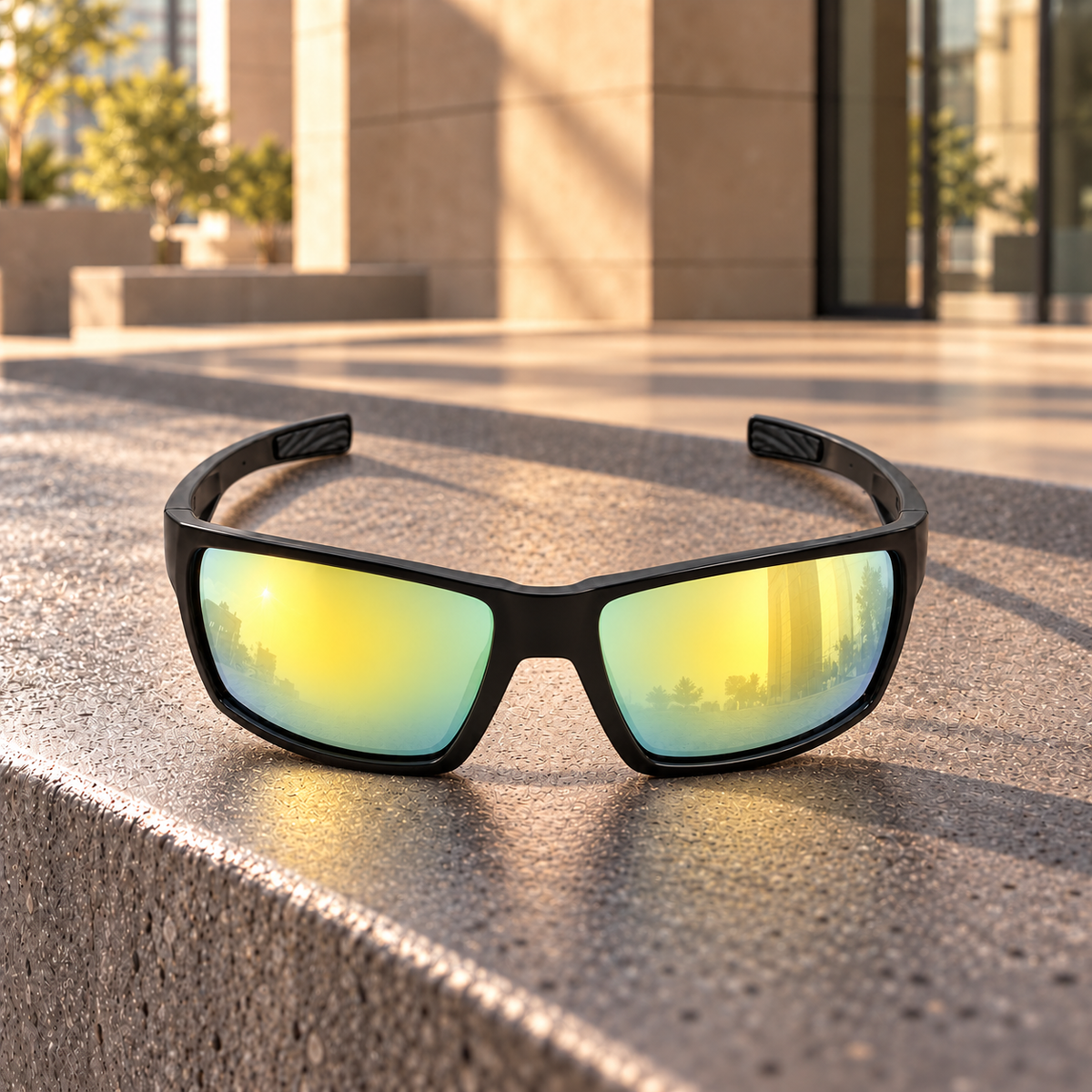Black wrap-around sunglasses with mirrored yellow-green lenses resting on a concrete ledge outdoors.