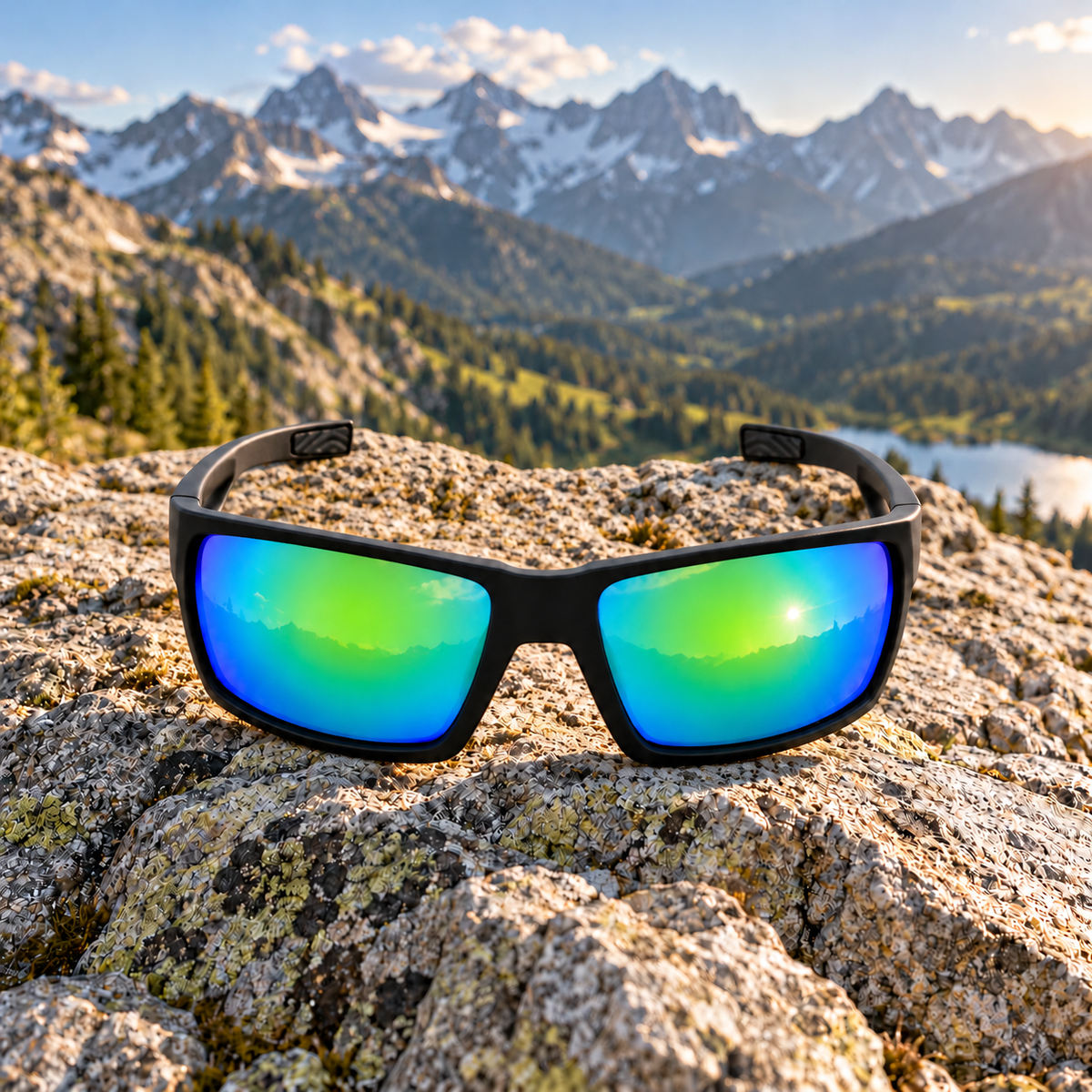 Black wraparound sunglasses with vibrant green-to-blue mirrored lenses resting on a rocky mountain ledge with a snowy mountain range and forest in the background.