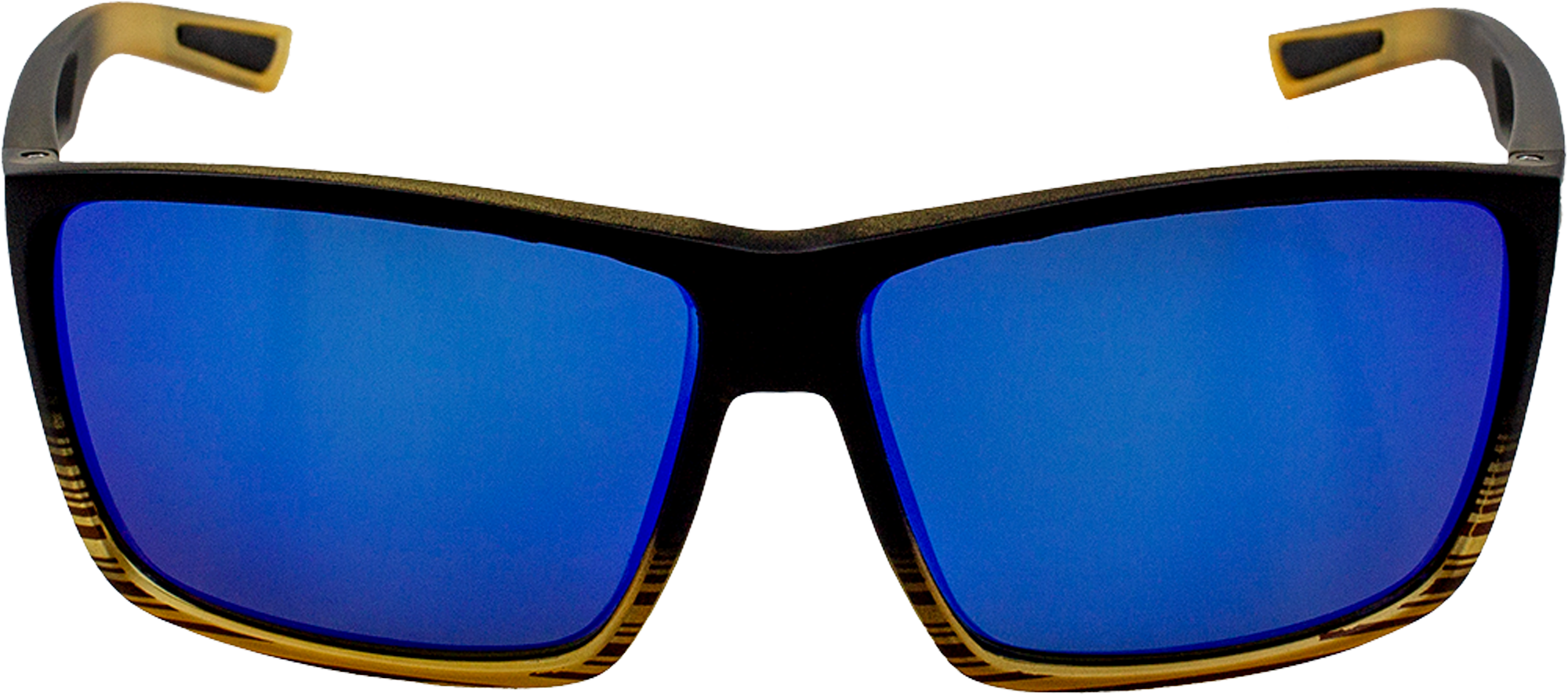 Front view of E3 Optics E1-T2 blue mirror polarized sunglasses with black frame and tortoise-patterned inner temples, designed for high-performance outdoor activities.