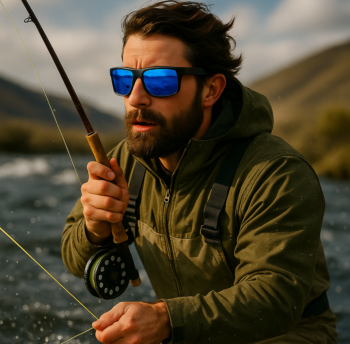 Man wearing E3 Optics E1-B1 blue mirror polarized sunglasses with soft touch black frame, fly fishing in a fast-moving river, dressed in green waders and holding a fly rod, with mountains in the background.