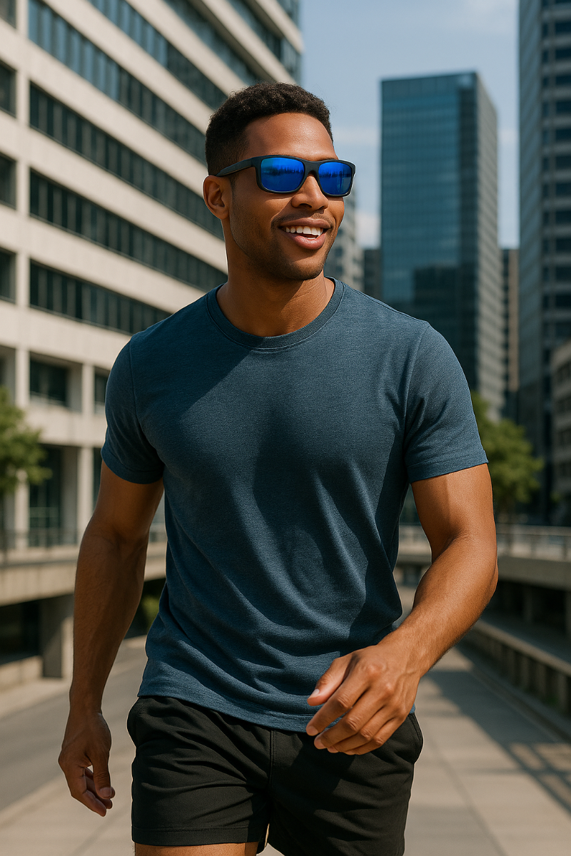 Smiling man wearing E3 Optics E1-B1 blue mirror polarized sunglasses with soft touch black frame, walking outdoors in an urban city setting with tall buildings in the background, dressed in a blue t-shirt and black shorts.