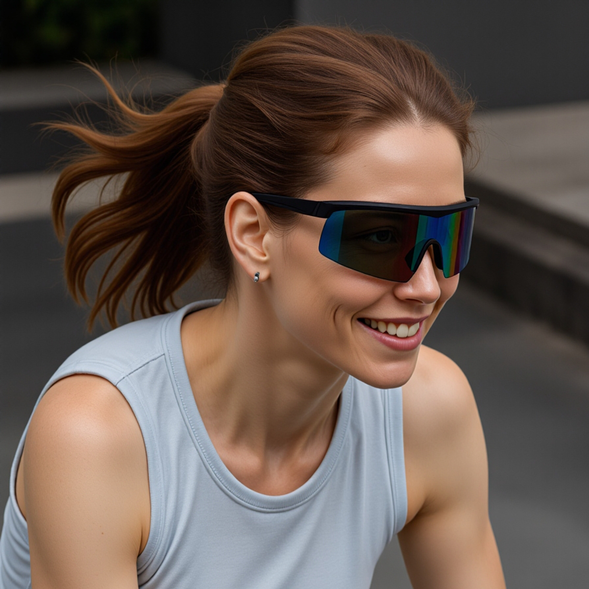 Smiling woman wearing E3 Optics E3-A3 blue mirror polarized sunglasses with matte black frame – ideal for running, cycling, and active outdoor lifestyles.