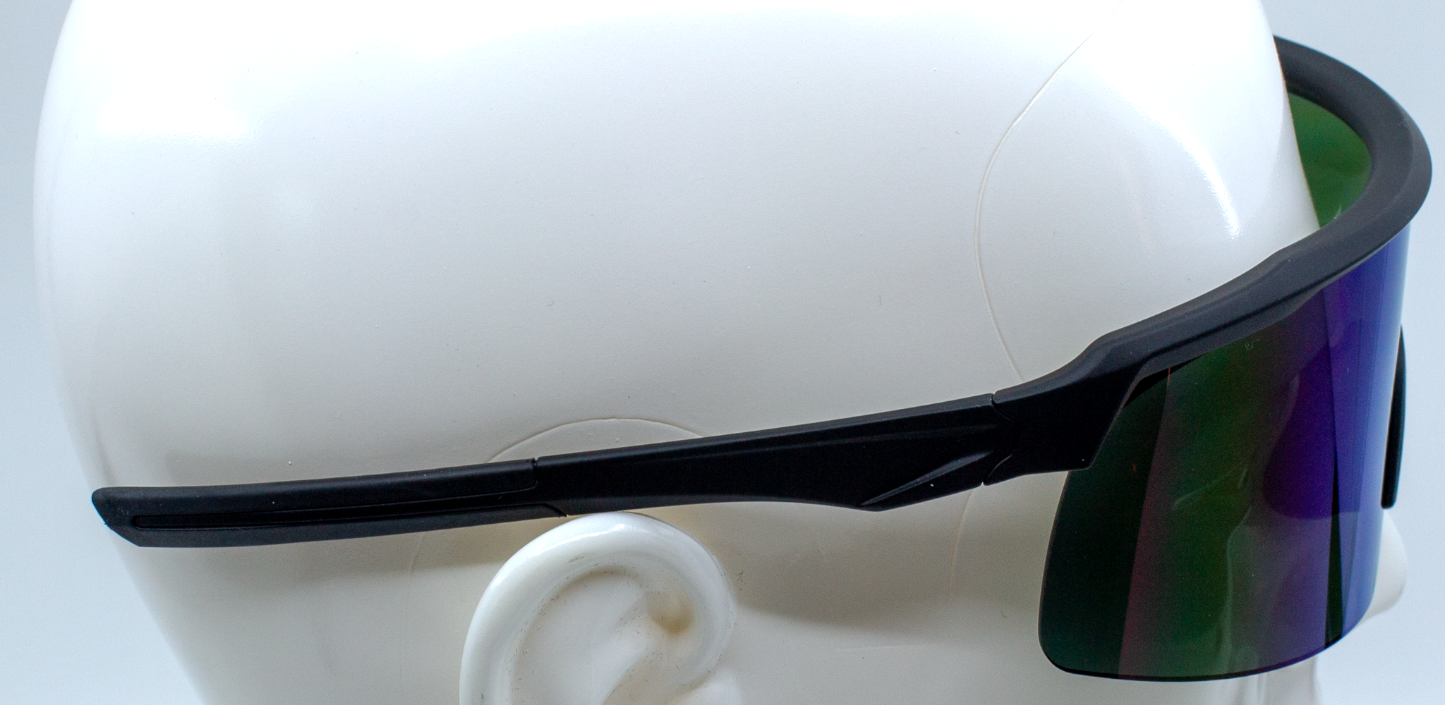 E3 Optics E3-A3 blue mirror polarized sunglasses with matte black frame – ideal for cycling, running, and active outdoor sports – side view.