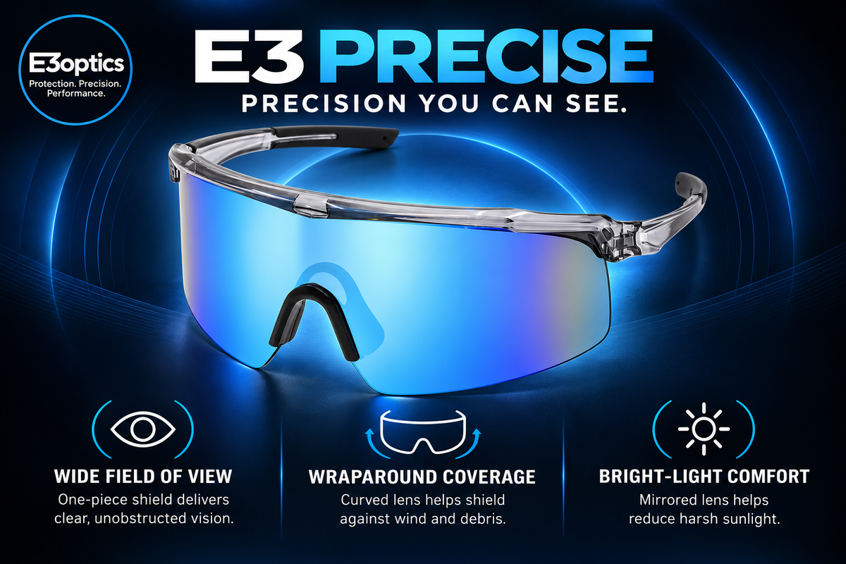 E3 Precise protective eyewear with a curved mirrored blue lens and silver metal frame, shown on a dark blue promotional background with feature callouts for wide field of view, wraparound coverage, and bright-light comfort. E3optics branding is visible.