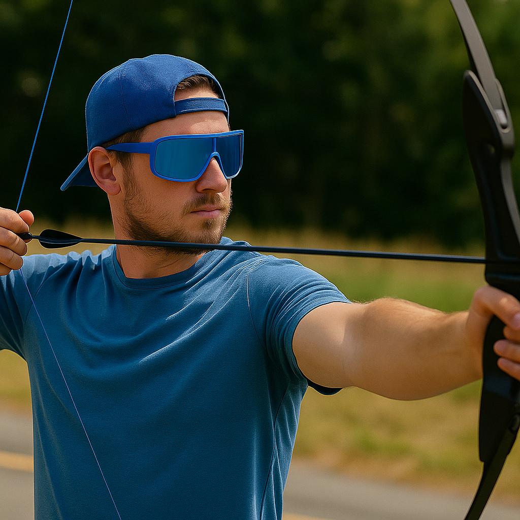 Athlete wearing E3 Optics E11 precise lens sunglasses while practicing archery – impact resistant sports eyewear.


