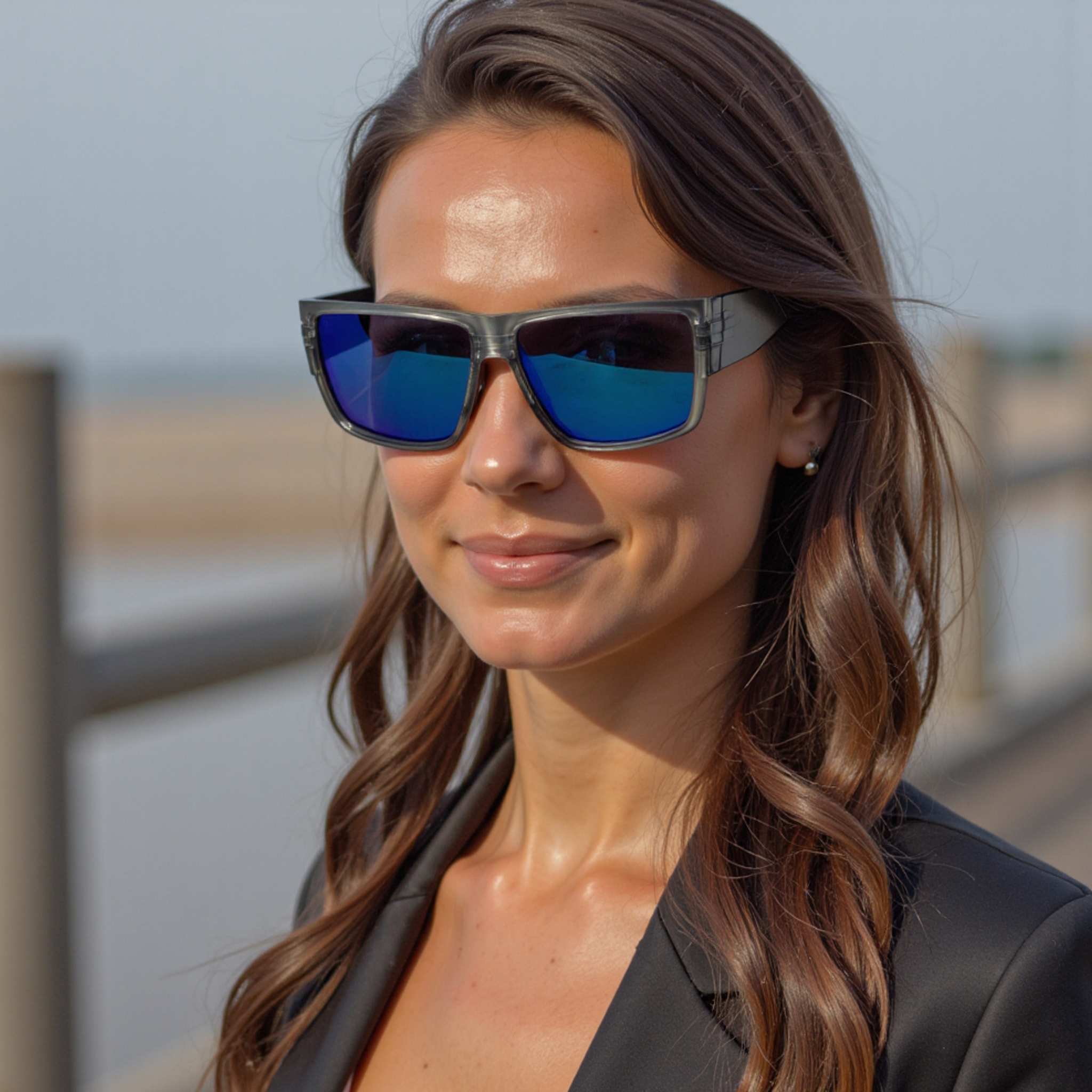 Woman wearing E3 Optics E18 floating polarized sunglasses designed for boating, beach, and leisure