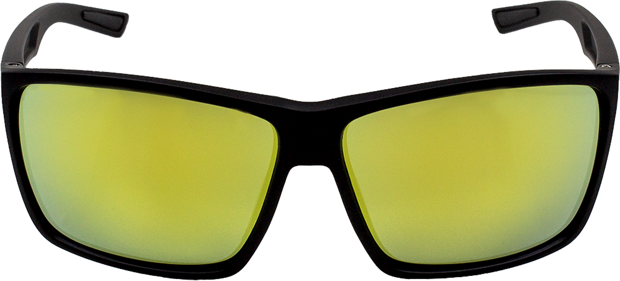 Front view of E3 Optics E1-A4 gold mirror polarized sunglasses with matte black frame, designed for fishing, watersports, and high-glare outdoor environments.
