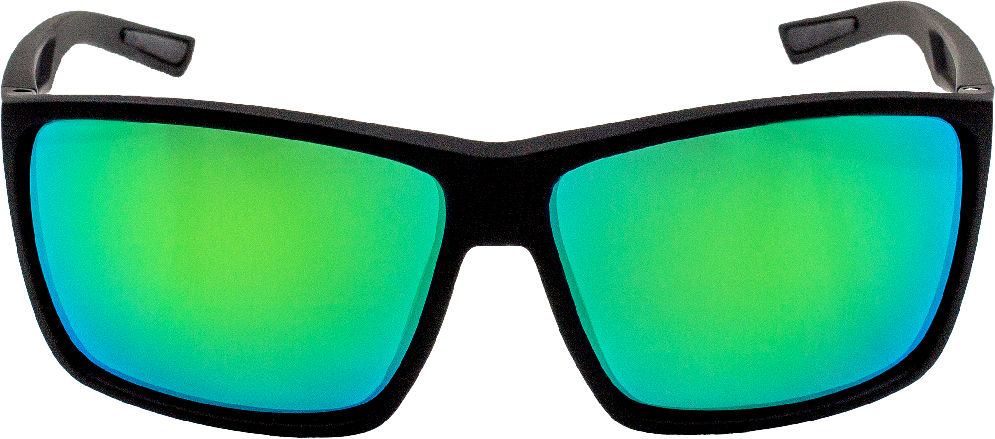 Front view of E3 Optics E1-B3 green mirror polarized sunglasses with matte black frame, engineered for fishing, boating, and bright outdoor environments.
