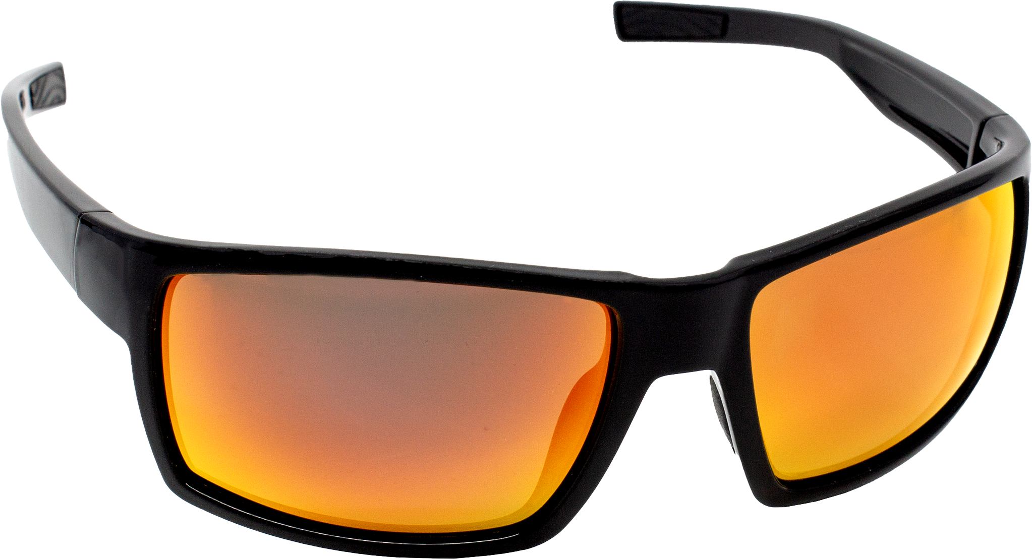 E3 Optics E2-DC sport sunglasses with black frame and red mirror polarized lenses, right angle view, designed for fishing, boating, and outdoor sports