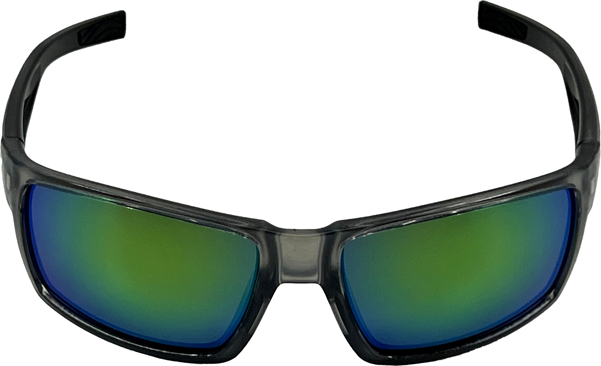 Front view of E3 Optics E2 sunglasses with smoke gray frame and green mirror polarized lenses