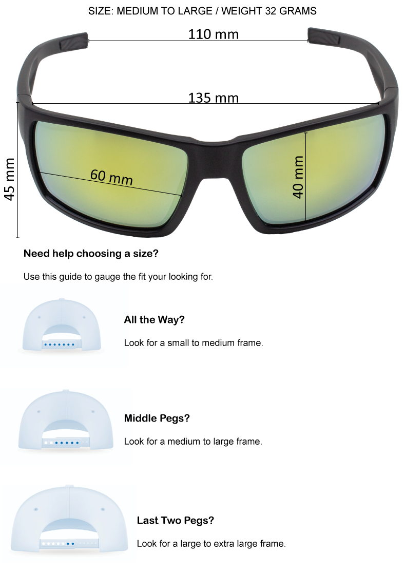 Fit guide for E3 Optics E2 sunglasses showing frame width, lens dimensions, and weight, with a hat peg sizing reference for choosing small, medium, or large frames