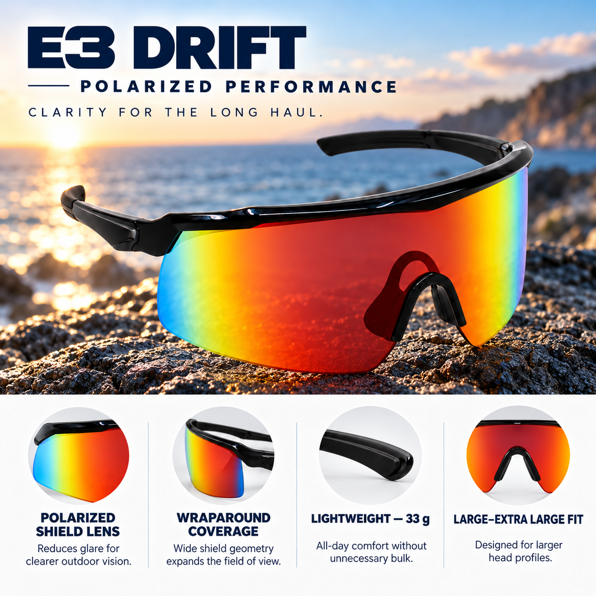 E3 Drift polarized performance wraparound shield sunglasses with a black frame and a vibrant iridescent orange-to-blue lens, shown on a rocky beach with ocean and sunset background. Four circular inset diagrams below highlight key features: polarized shield lens, wraparound coverage, lightweight 33g, and large-extra large fit.