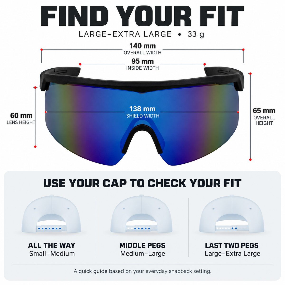 A fit guide graphic for oversized shield-style sunglasses or sports eyewear, showing a blue mirrored lens with black frame and measurement lines for overall width, inside width, lens height, and shield width. Text reads 'FIND YOUR FIT' and 'LARGE-EXTRA LARGE • 33 g,' with three small inset diagrams below showing cap-peg placement for Small-Medium, Medium-Large, and Large-Extra-Large.