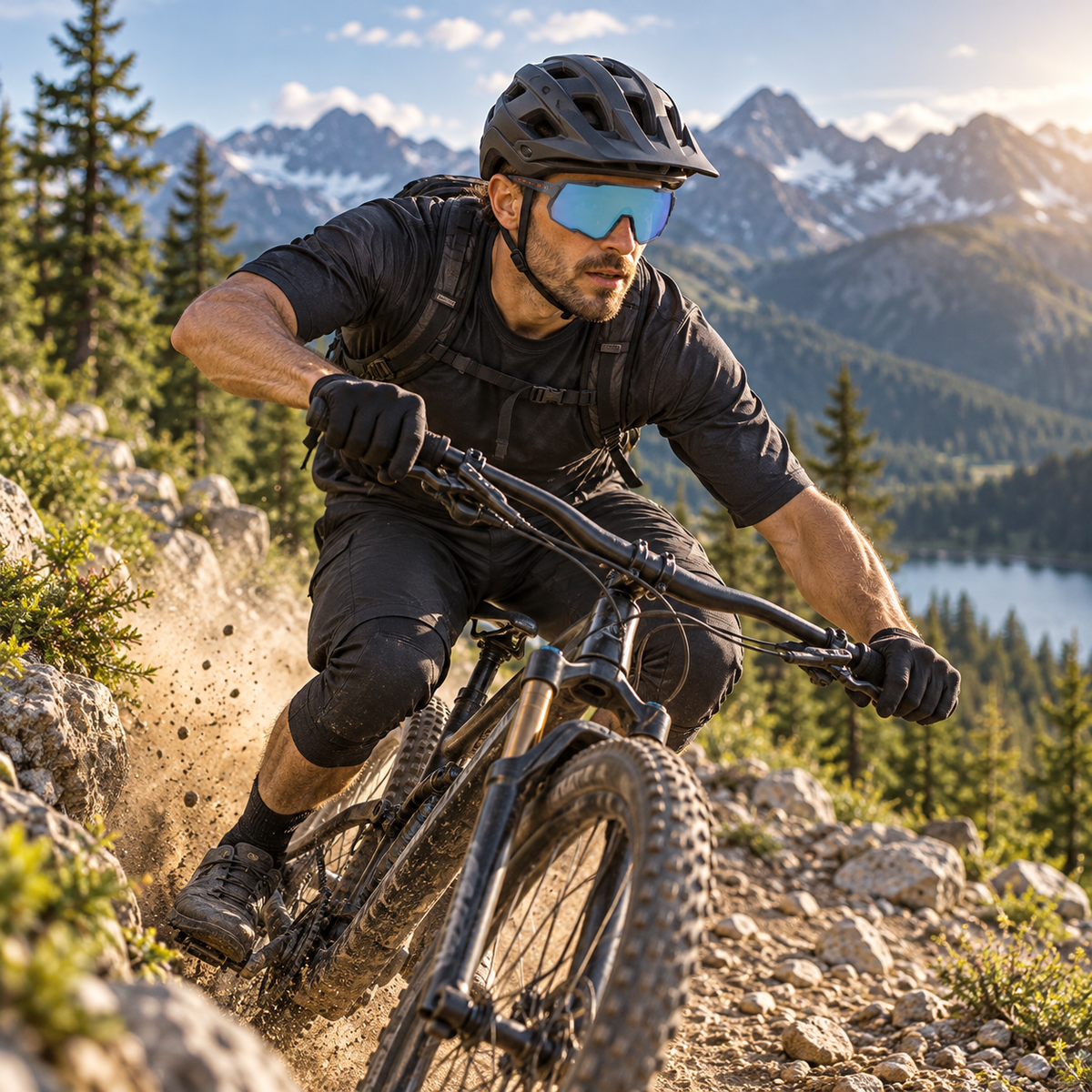 A mountain biker wearing a black helmet, black jersey, and black shorts rides a black bike down a rocky trail with a forest and mountain lake in the background.
