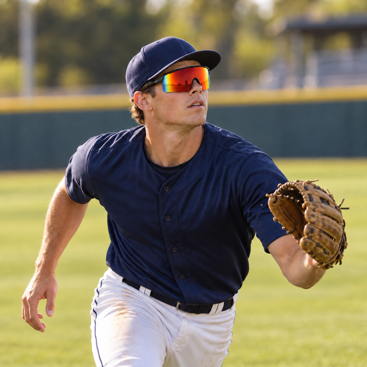 A baseball player in a navy blue jersey and white pants running on a grassy field, wearing reflective orange-tinted sunglasses and a brown glove.