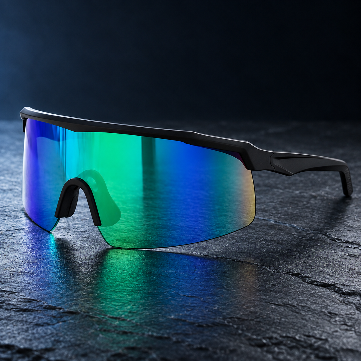 Sport sunglasses with a matte black frame and a large shield lens featuring a vibrant blue-to-green iridescent gradient, resting on a dark textured stone surface.
