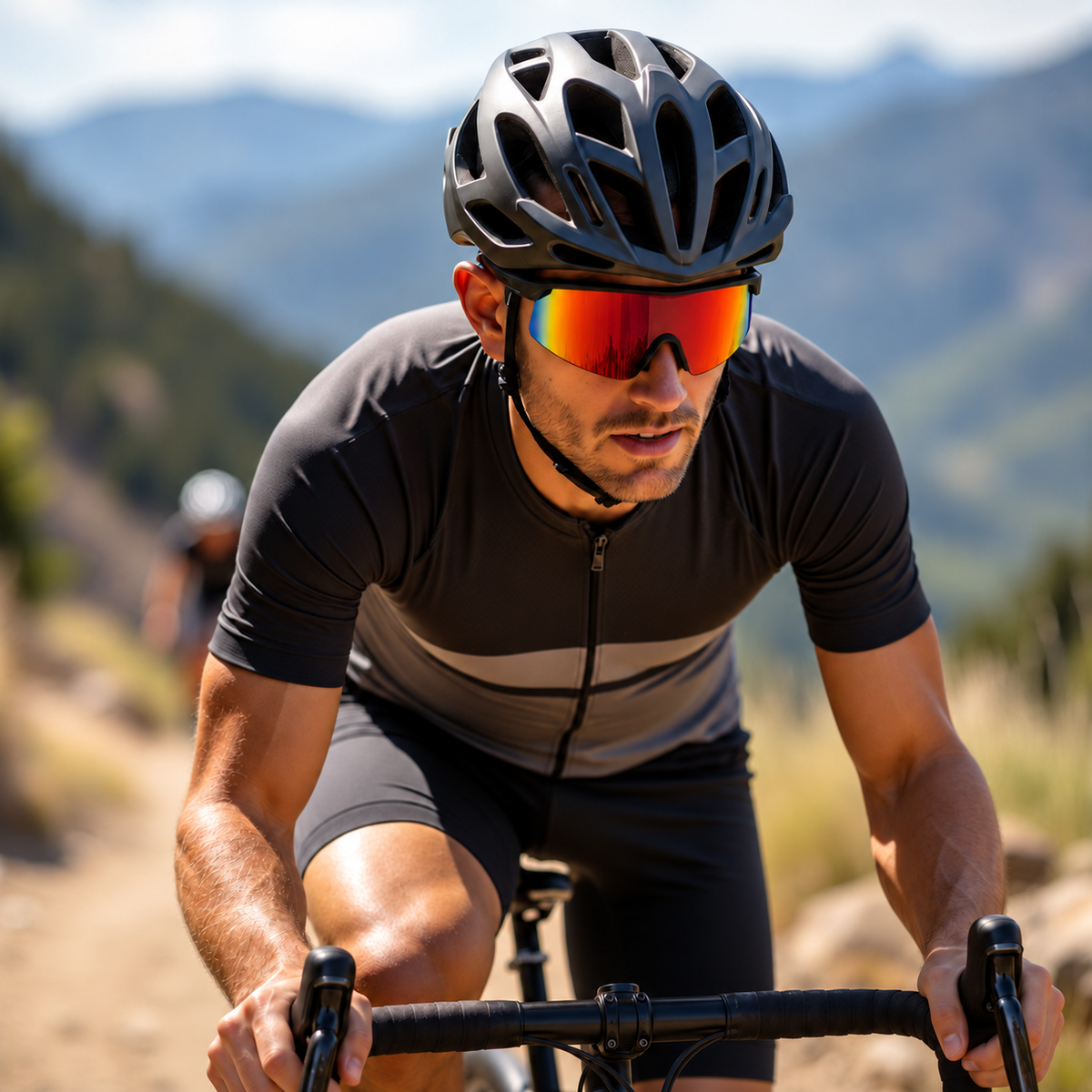 A male cyclist wearing a black and gray cycling jersey, black shorts, a black helmet, and reflective orange-tinted sunglasses rides a road bike on a mountain trail.