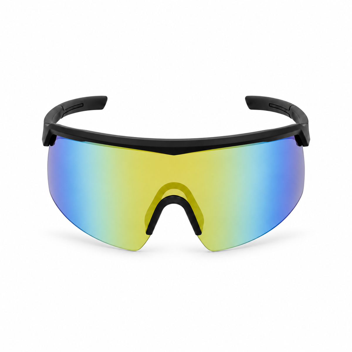 Shield-style sports sunglasses with a black frame and a large wraparound shield lens featuring a blue-to-yellow gradient reflective finish, shown on a plain white background.