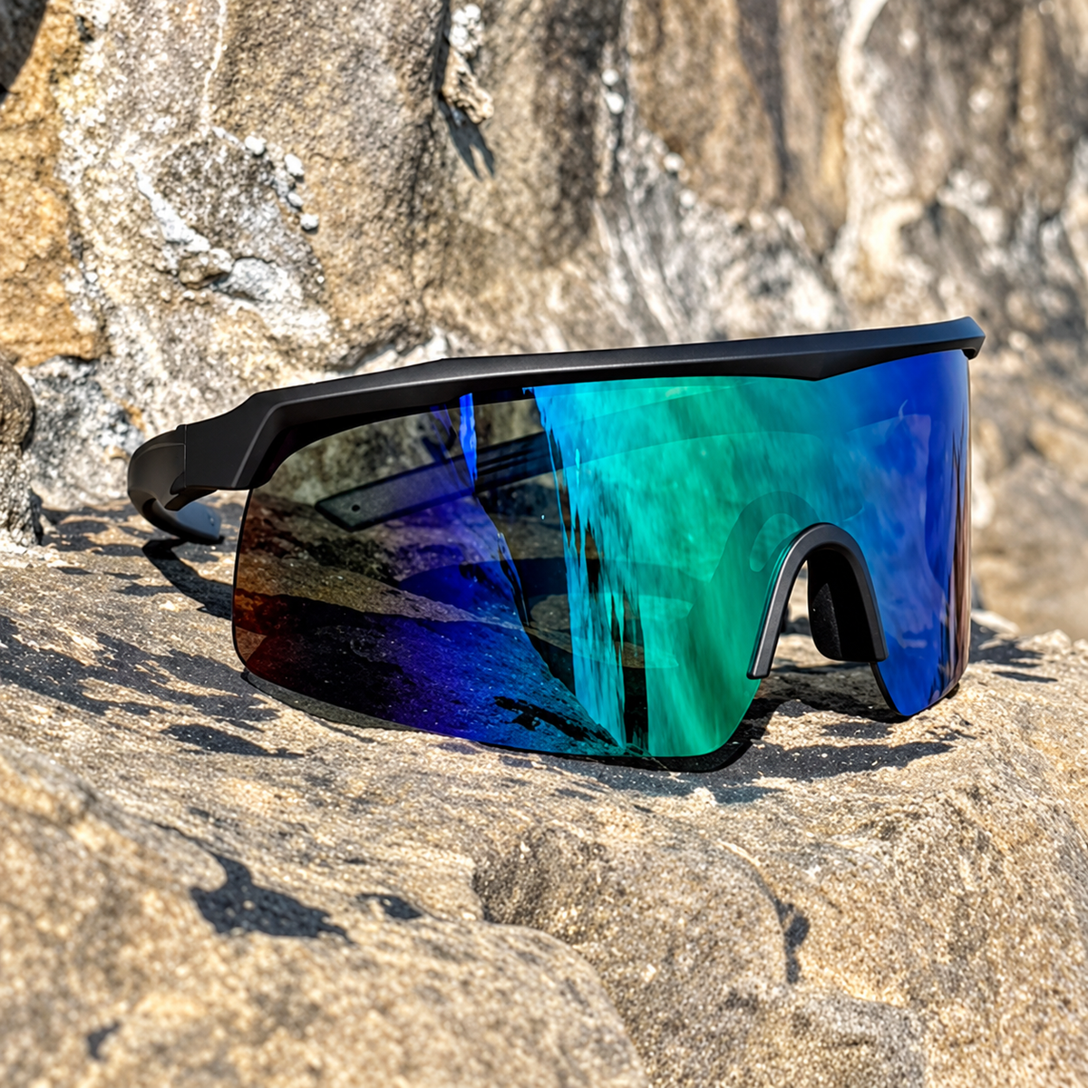 Shield-style sports sunglasses with a black frame and an iridescent mirrored lens shifting from blue to green, resting on a rocky outdoor surface.
