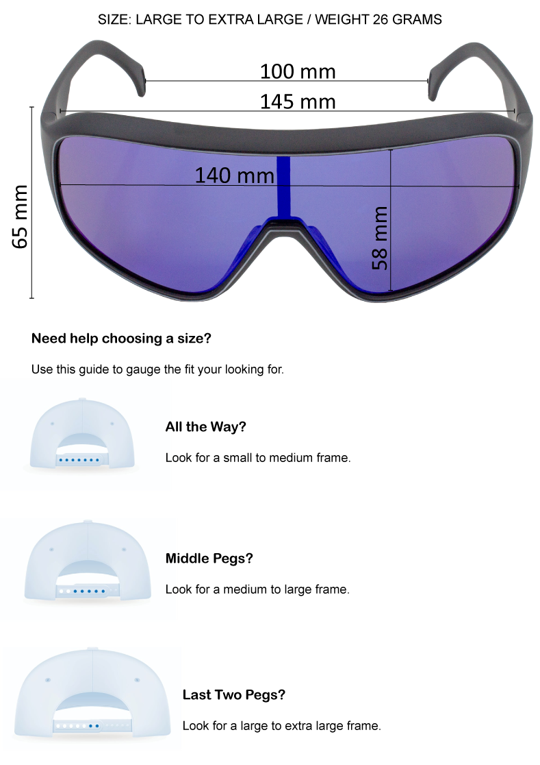 Sunglasses with size and weight measurement guide on a white background