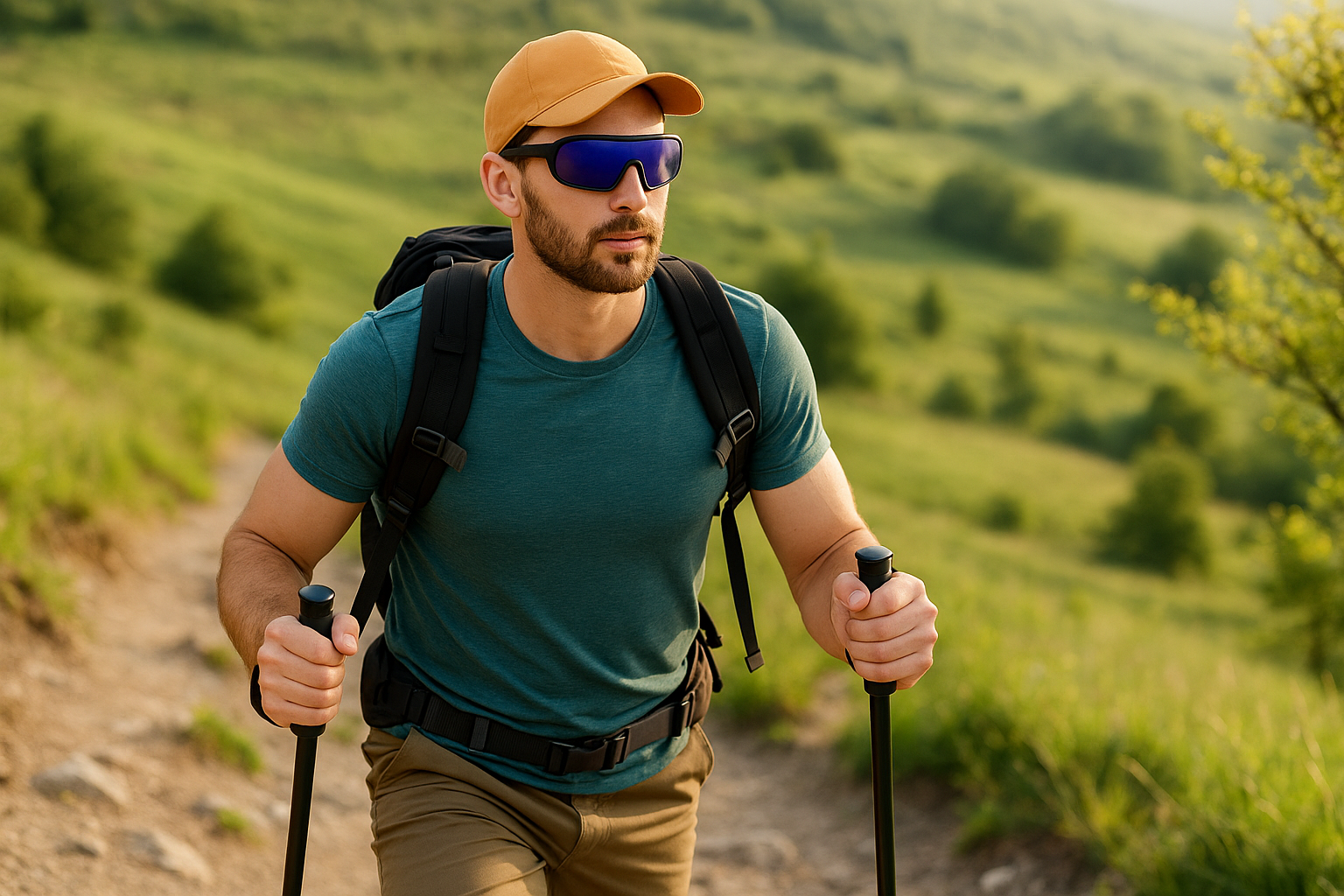 Hiker wearing E3 Optics E10 polarized sunglasses with blue mirrored lenses on a scenic trail.

