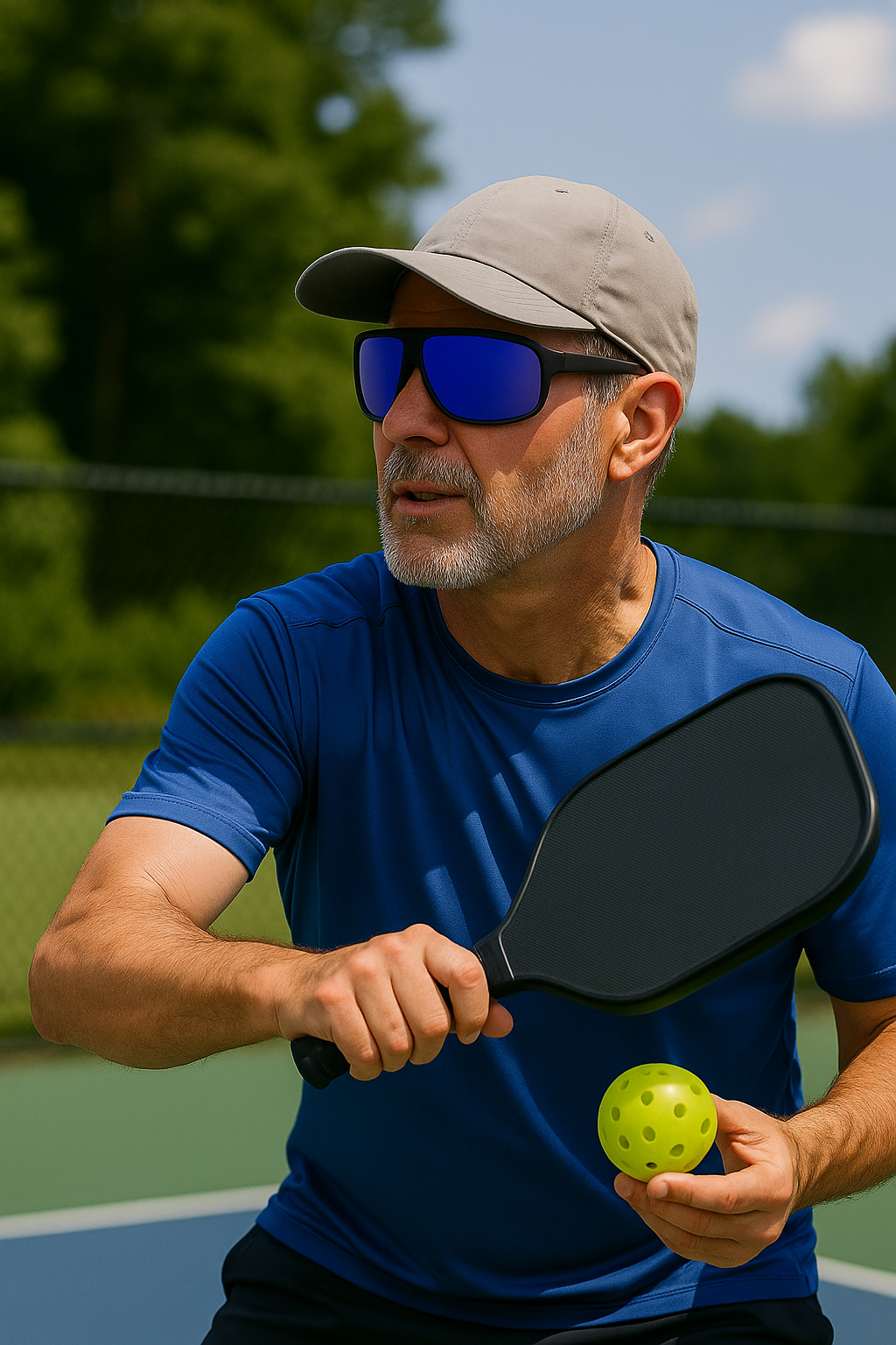 Man playing pickleball wearing E3 Optics E10 polarized sunglasses for glare reduction and eye protection.