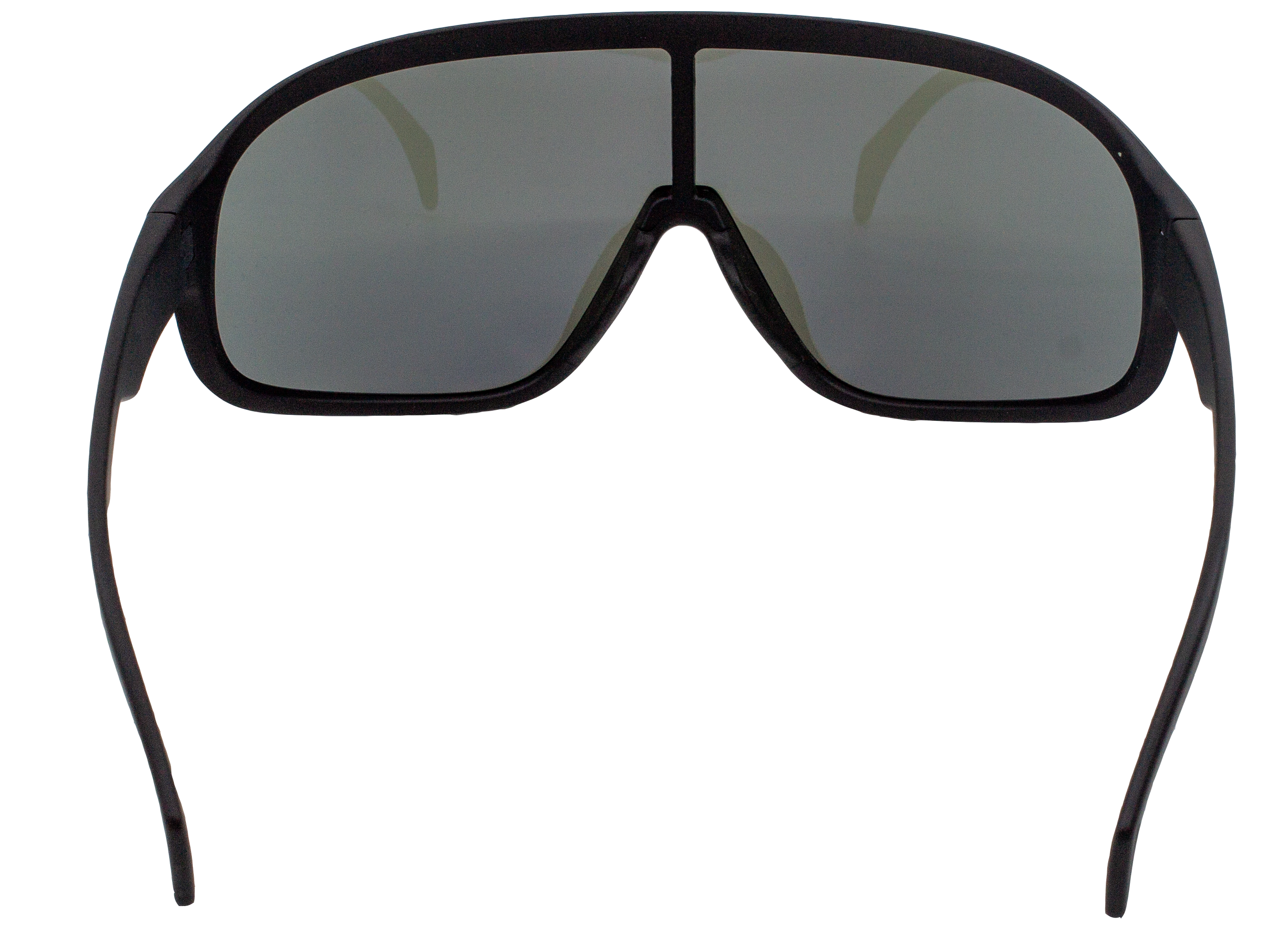 E3 Optics E10 polarized sunglasses back view with black frame and mirrored lenses.
