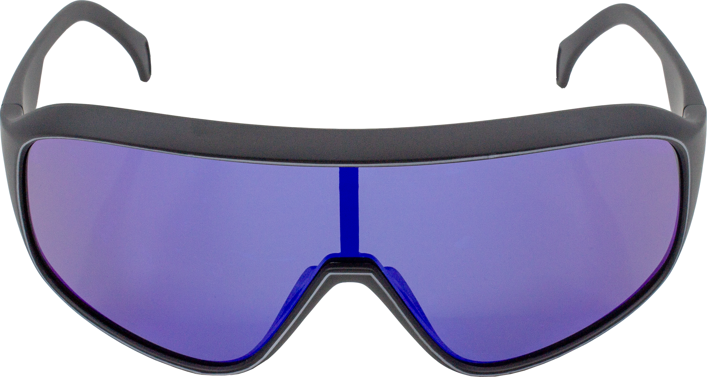 Front view of E3 Optics E10 polarized sunglasses with sleek black frame and blue mirrored lenses.