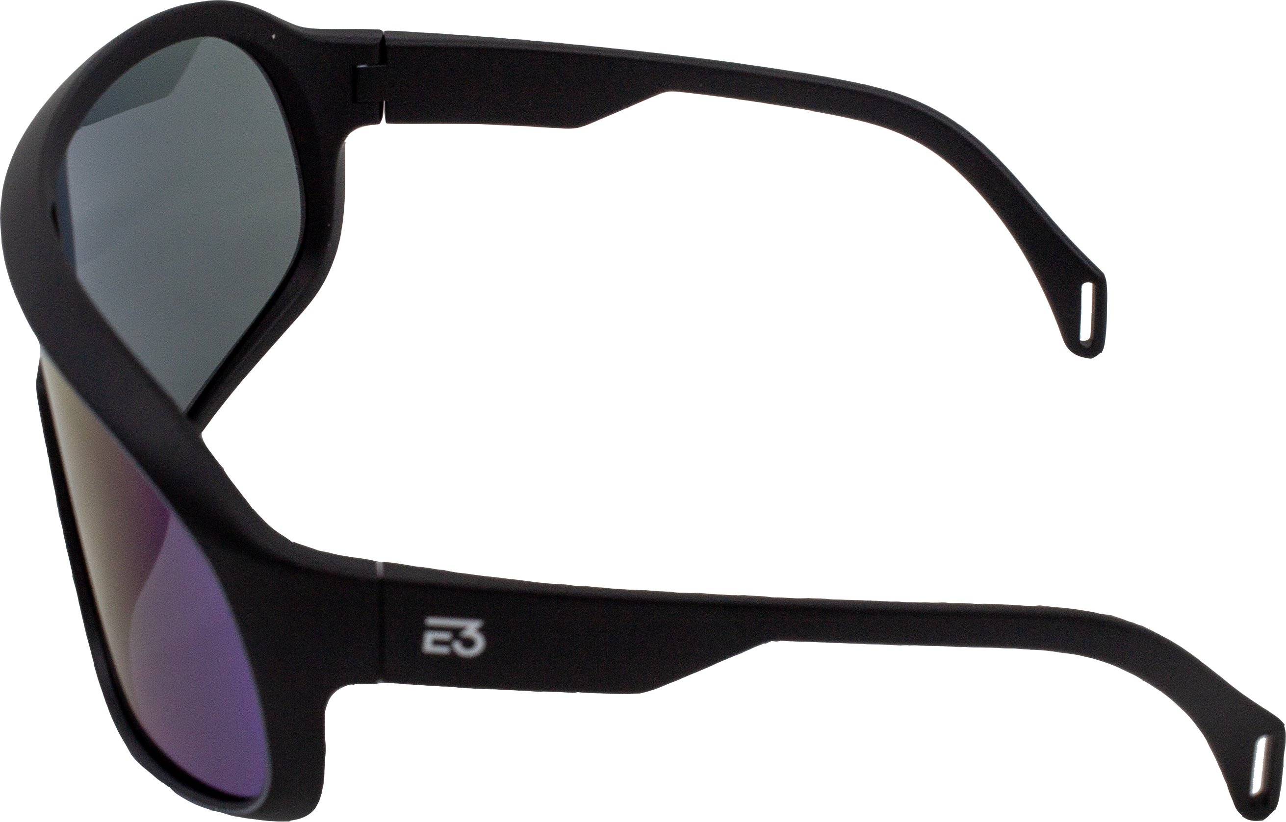 Side profile of E3 Optics E10 polarized sunglasses highlighting lightweight TR-90 frame.
