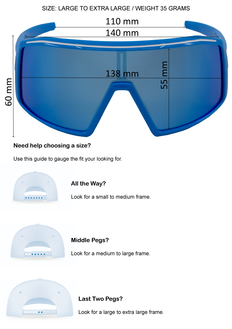 Blue goggles with size guide and measurement details on a white background