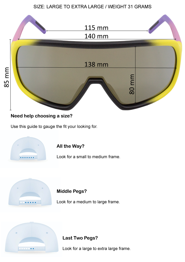 Measurement guide for sunglasses with size and weight information on a white background