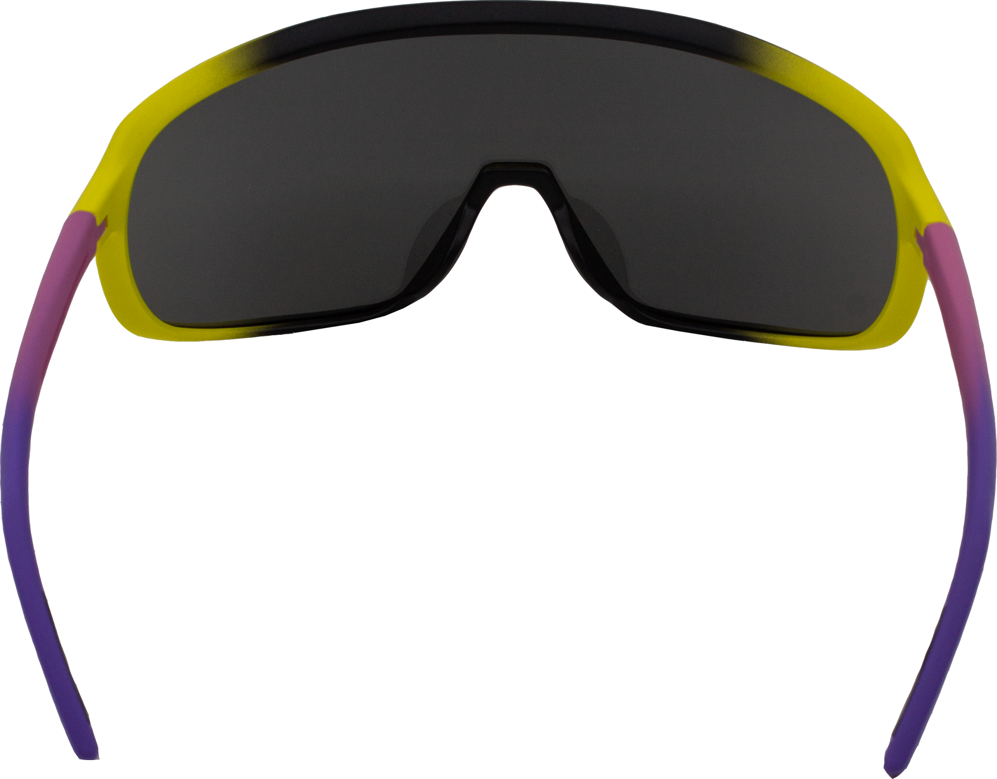 Back view of E3 Optics E12 precise lens sunglasses with impact-resistant lenses and yellow-purple gradient frame.
