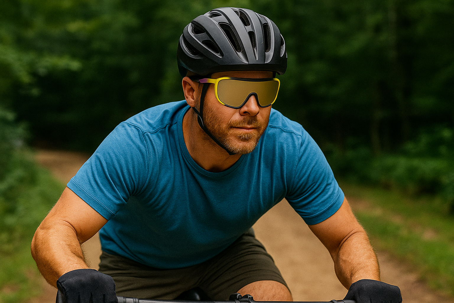 Male cyclist wearing E3 Optics E12 precise sunglasses with impact-resistant lenses for biking performance.