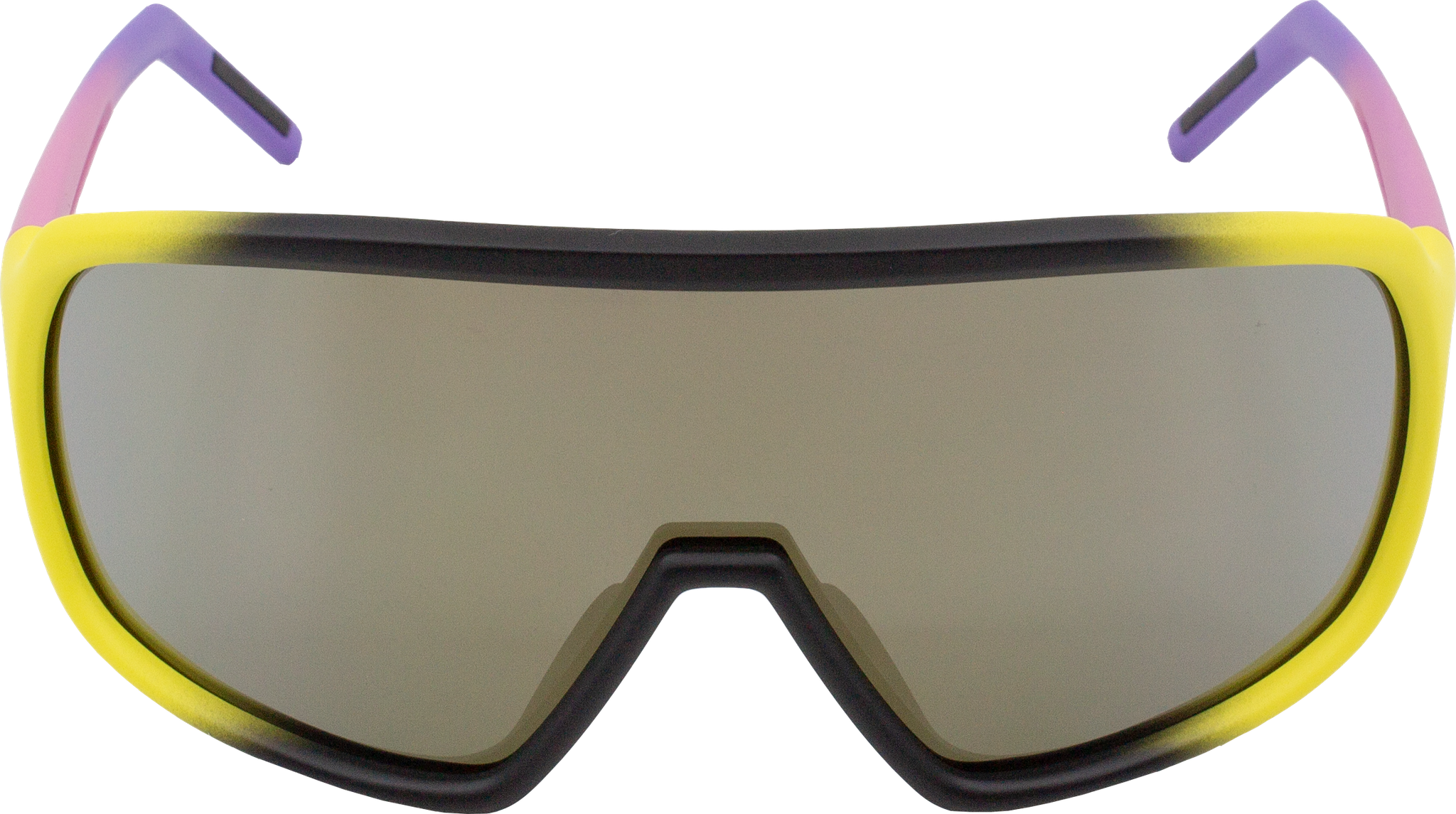 Front view of E3 Optics E12 precise lens sunglasses featuring wide single shield lens and gradient color temples.