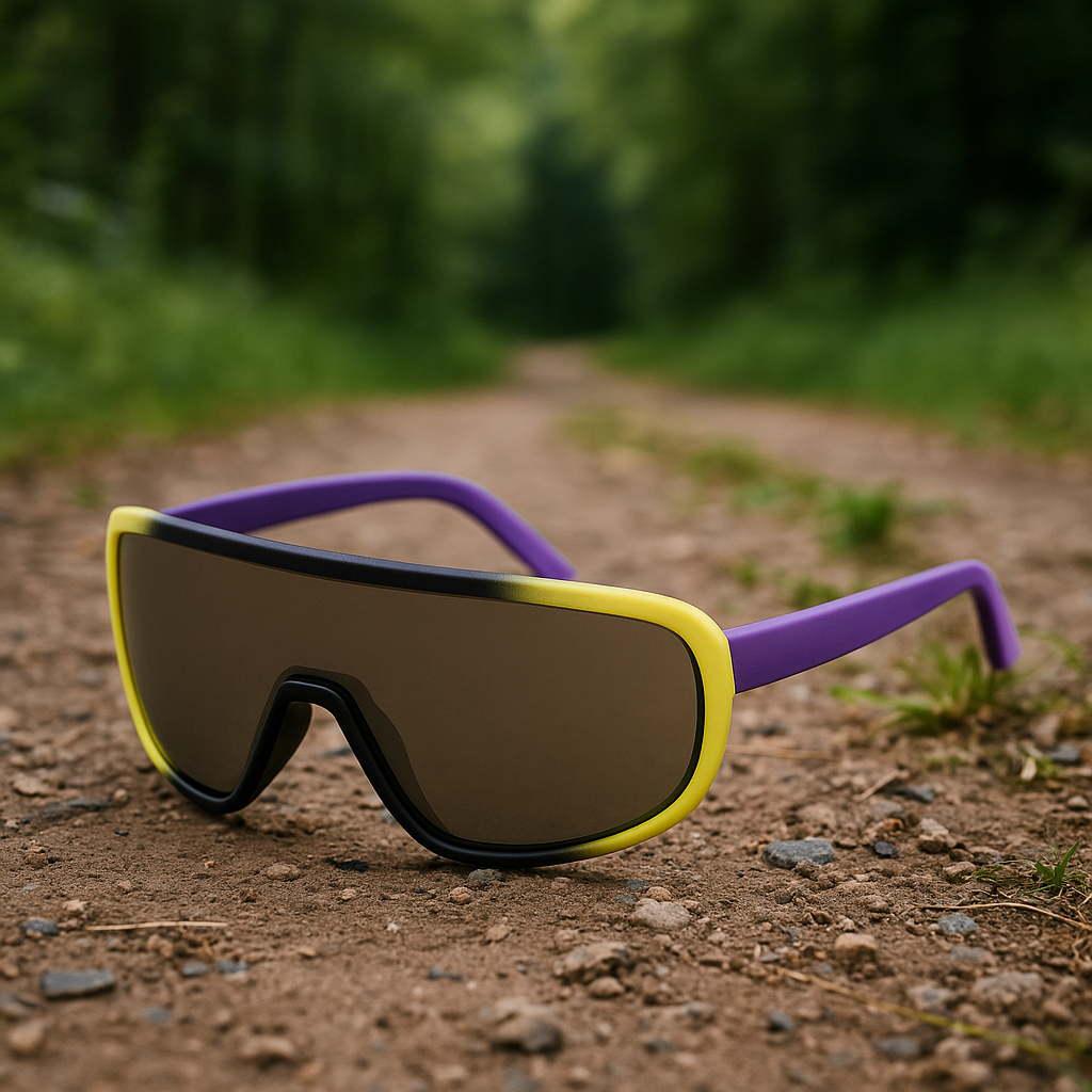 E3 Optics E12 precise lens sunglasses resting trailside, built for cyclists, hikers, and outdoor sports protection.