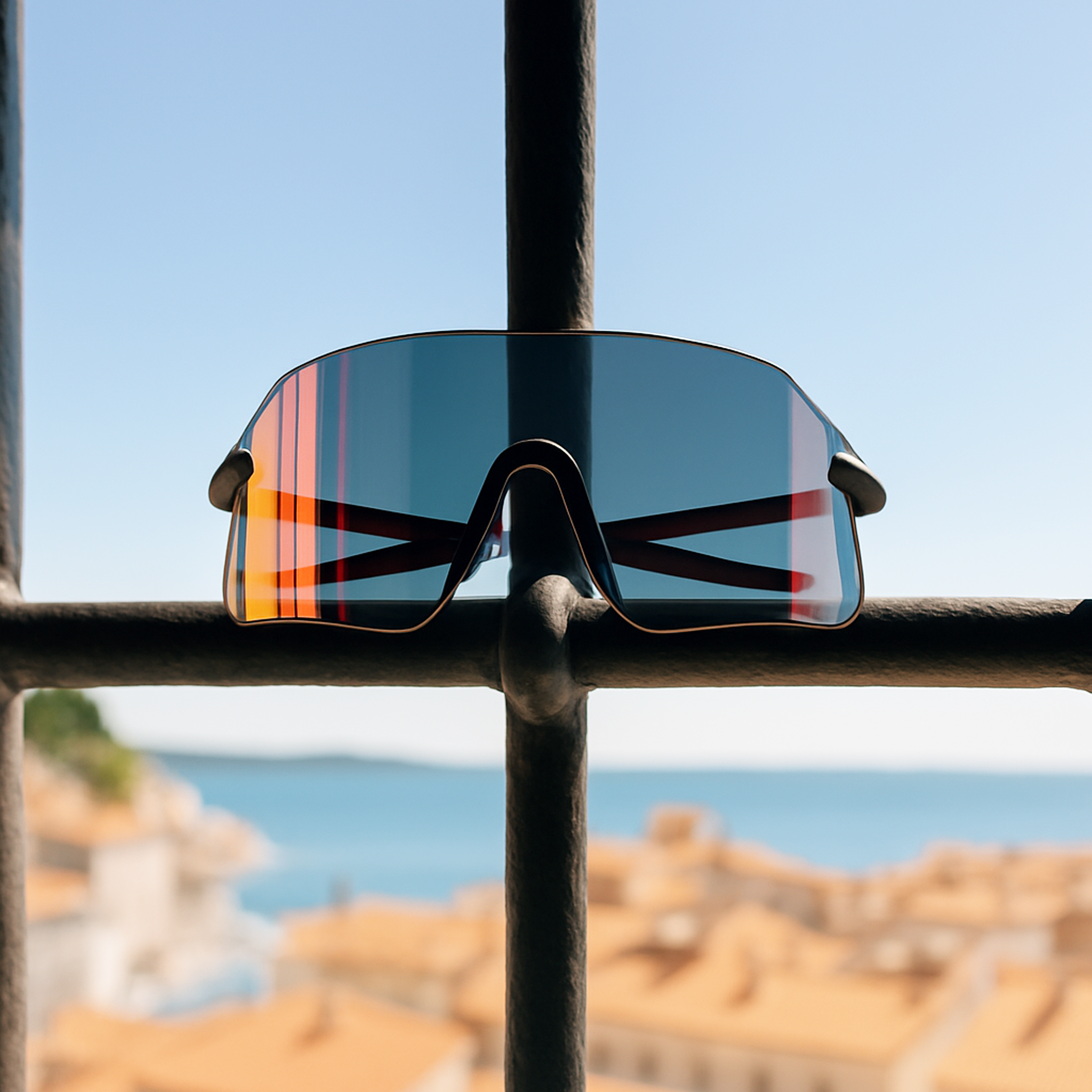 E3 Optics E14 frameless sunglasses displayed on bar background – precise lens impact resistant eyewear