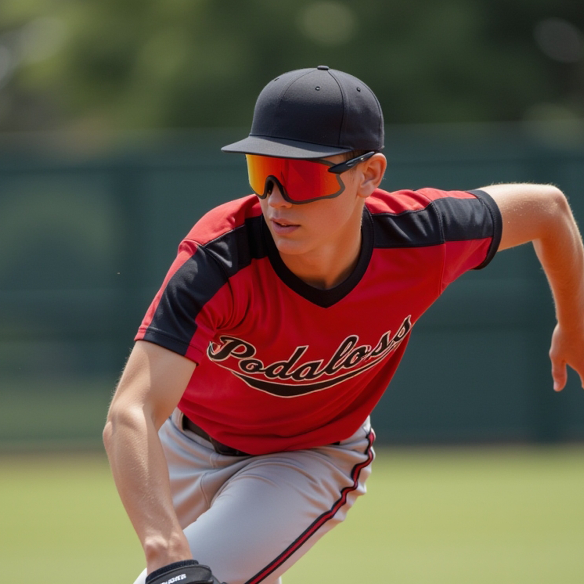 Youth baseball player wearing E3 Optics E14 precise lens frameless sunglasses – sport performance eyewear