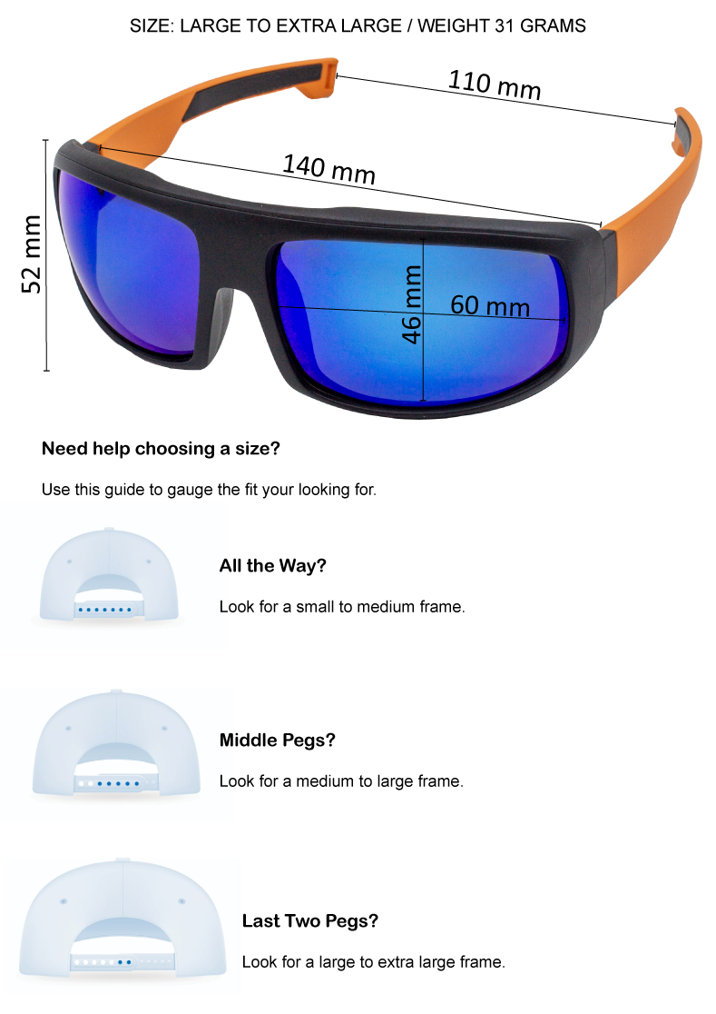 Sunglasses with size guide and weight information on a white background