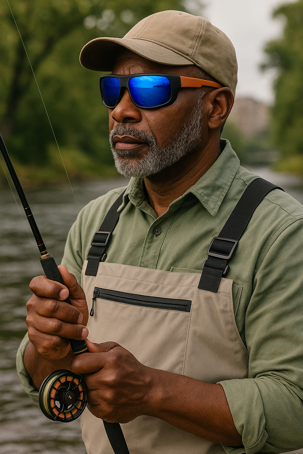 Man wearing E3 Optics E15 polarized sunglasses fly fishing – sport sunglasses for fishing, hiking and climbing.