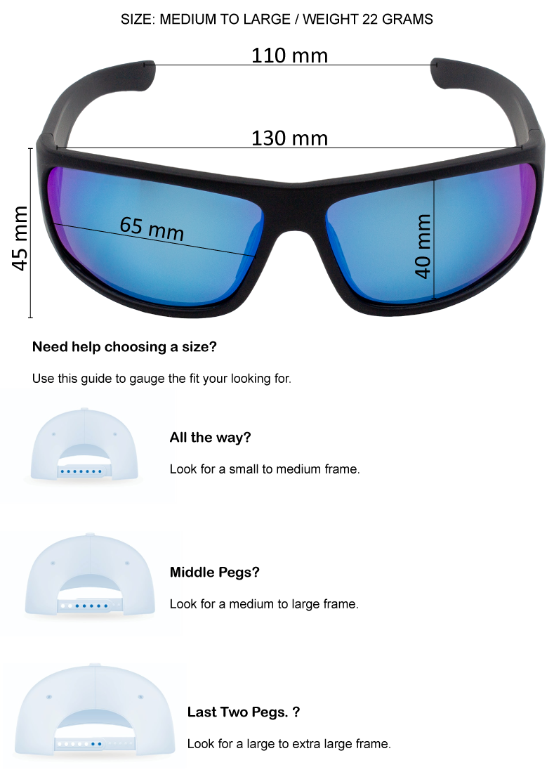 Sunglasses with size guide measurements on a white background